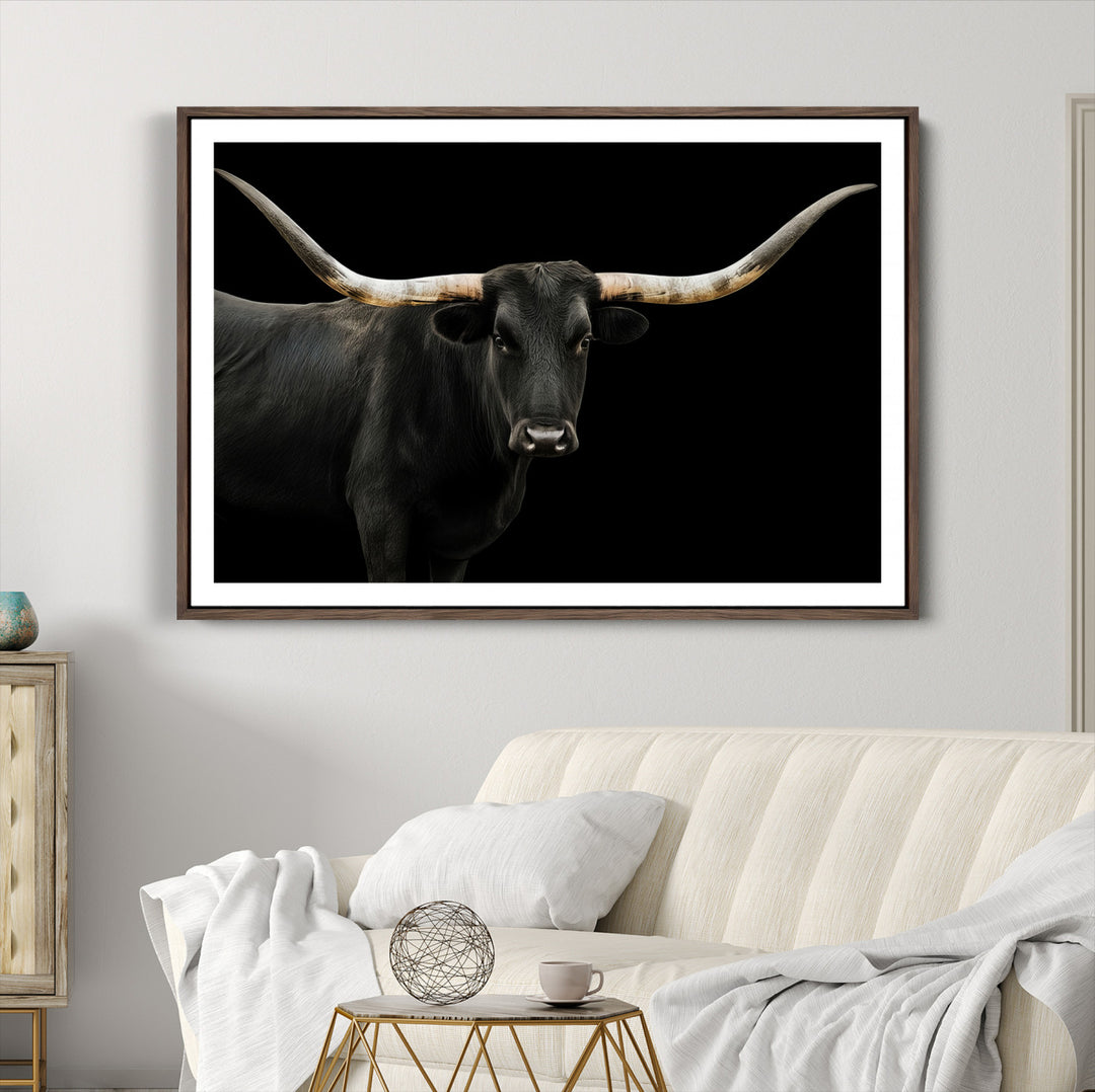 Black White Longhorn Bull Wall Art Canvas Print, Texas Ranch Print, Framed Western Cow Art Print for Farmhouse Decor - Longhorn Print