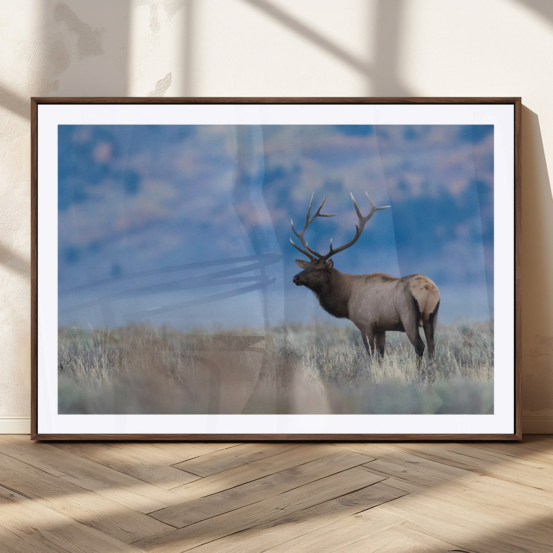 Elk Wall Decor Canvas Print, Framed Rustic Wildlife Art, Mountain Elk Landscape