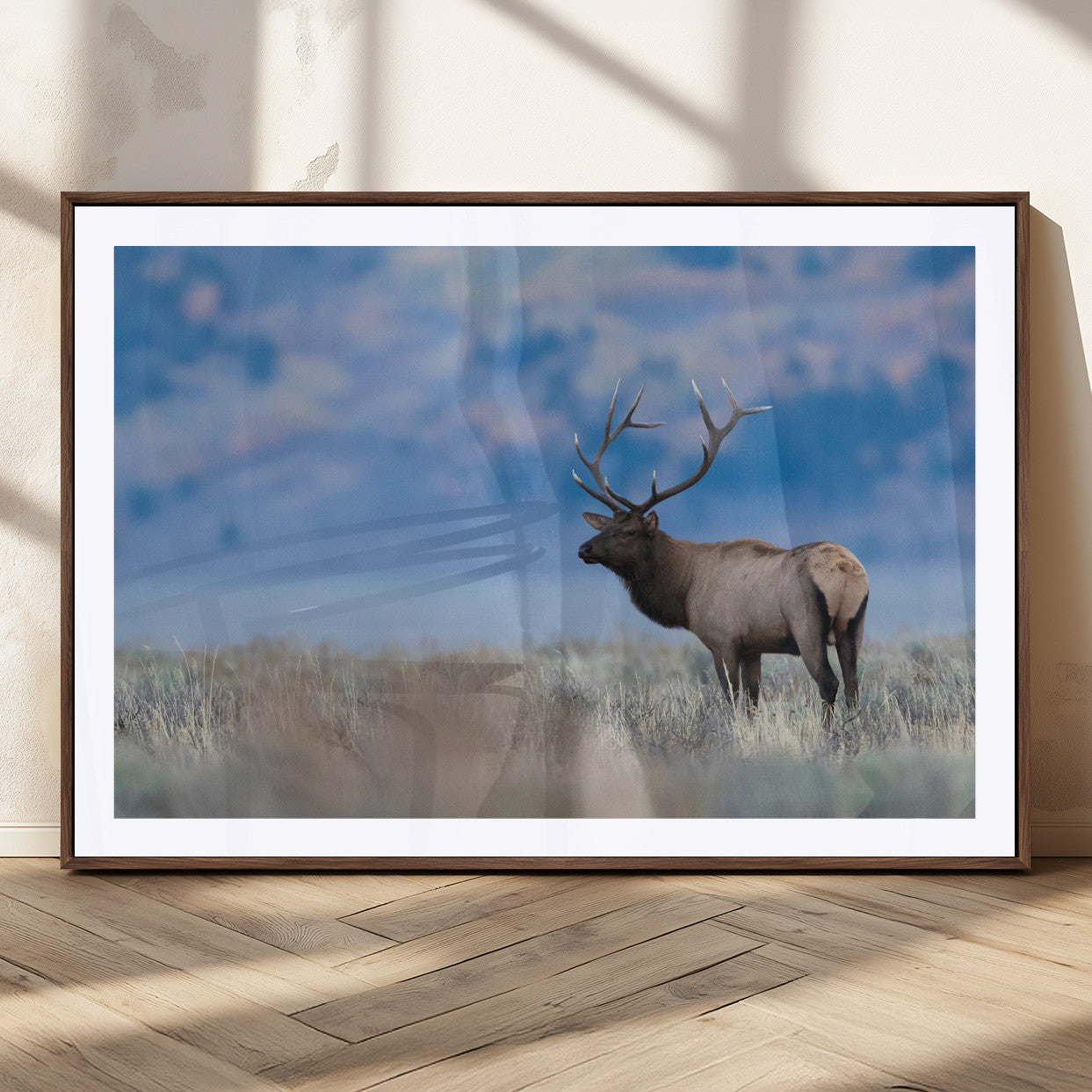 Elk with large antlers standing in open field, mountains blurred in background, perfect for rustic cabin or lodge-style decor.