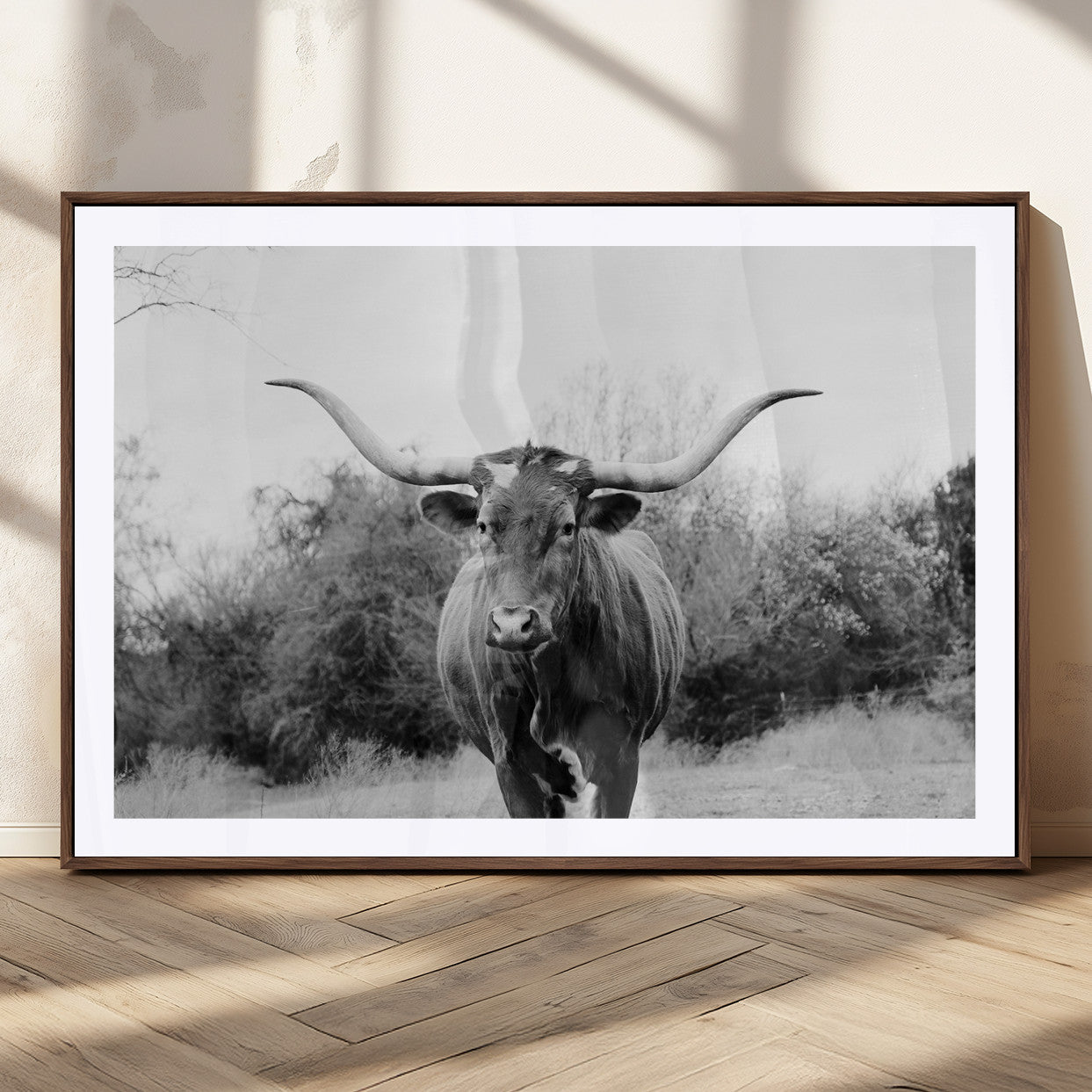 Black and white photo of a longhorn cow in a field, perfect for rustic farmhouse or western-themed interior wall decoration.