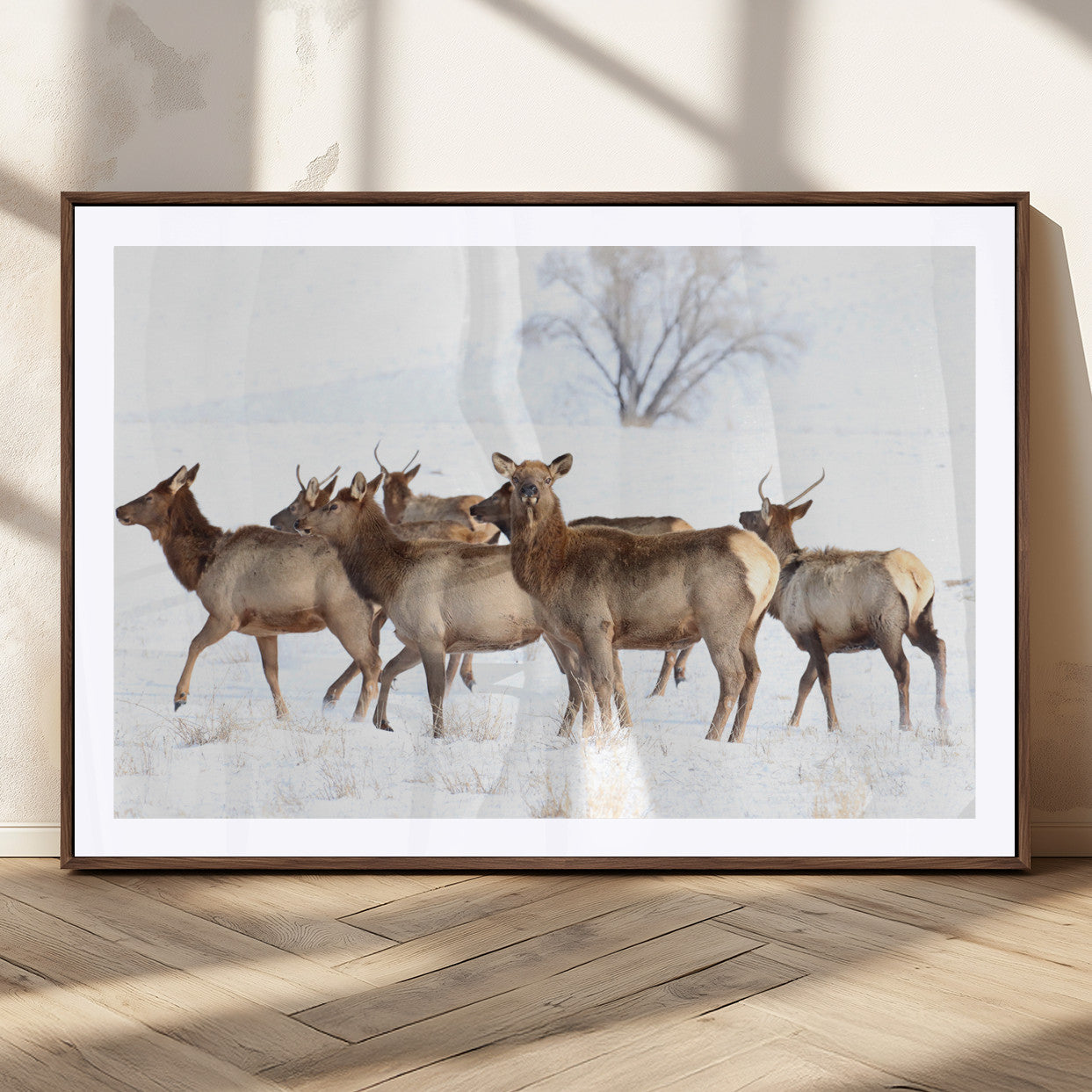 A group of elk standing on snowy terrain with a tree in the background, perfect for rustic or lodge-style winter wall decor.