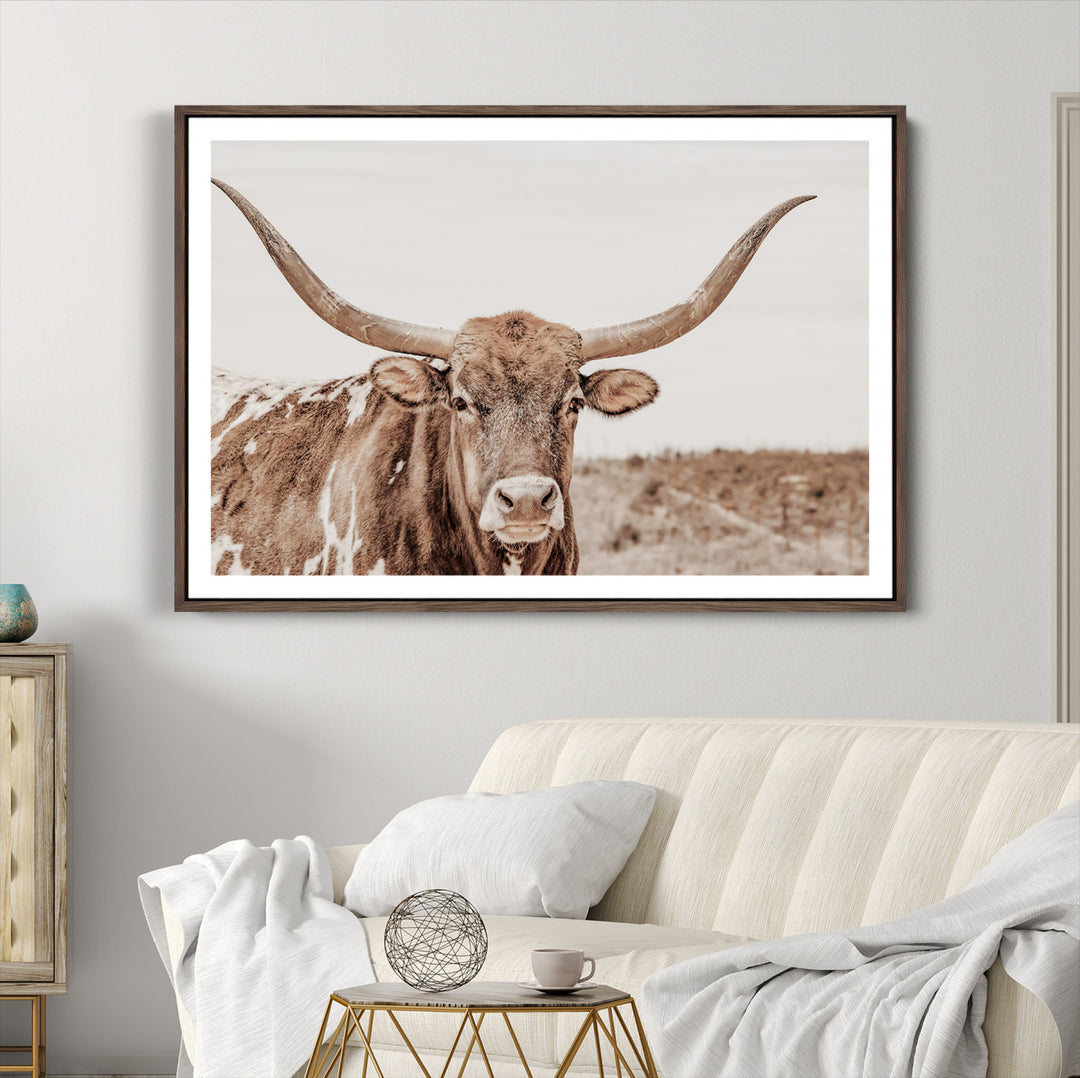 Longhorn Bull Wall Art Canvas Print, Framed Rustic Cow Art Picture Print, Neutral Farmhouse Perfect Rustic Neutral Farmhouse Decor
