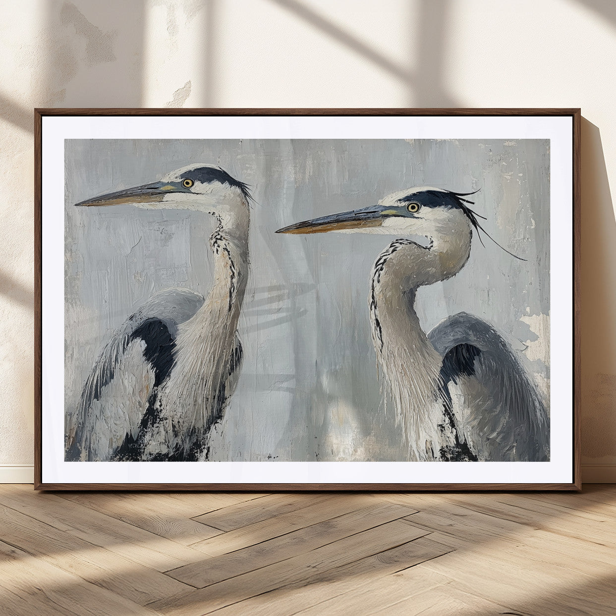 Two elegant herons in profile with soft brush strokes and blue-grey tones, ideal for serene, coastal, or minimalist interior decor.