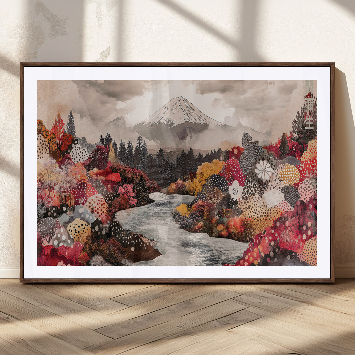 A whimsical mountain landscape with floral autumn trees, river, and misty peak, ideal for cozy, cottagecore, and nature-inspired wall decor.