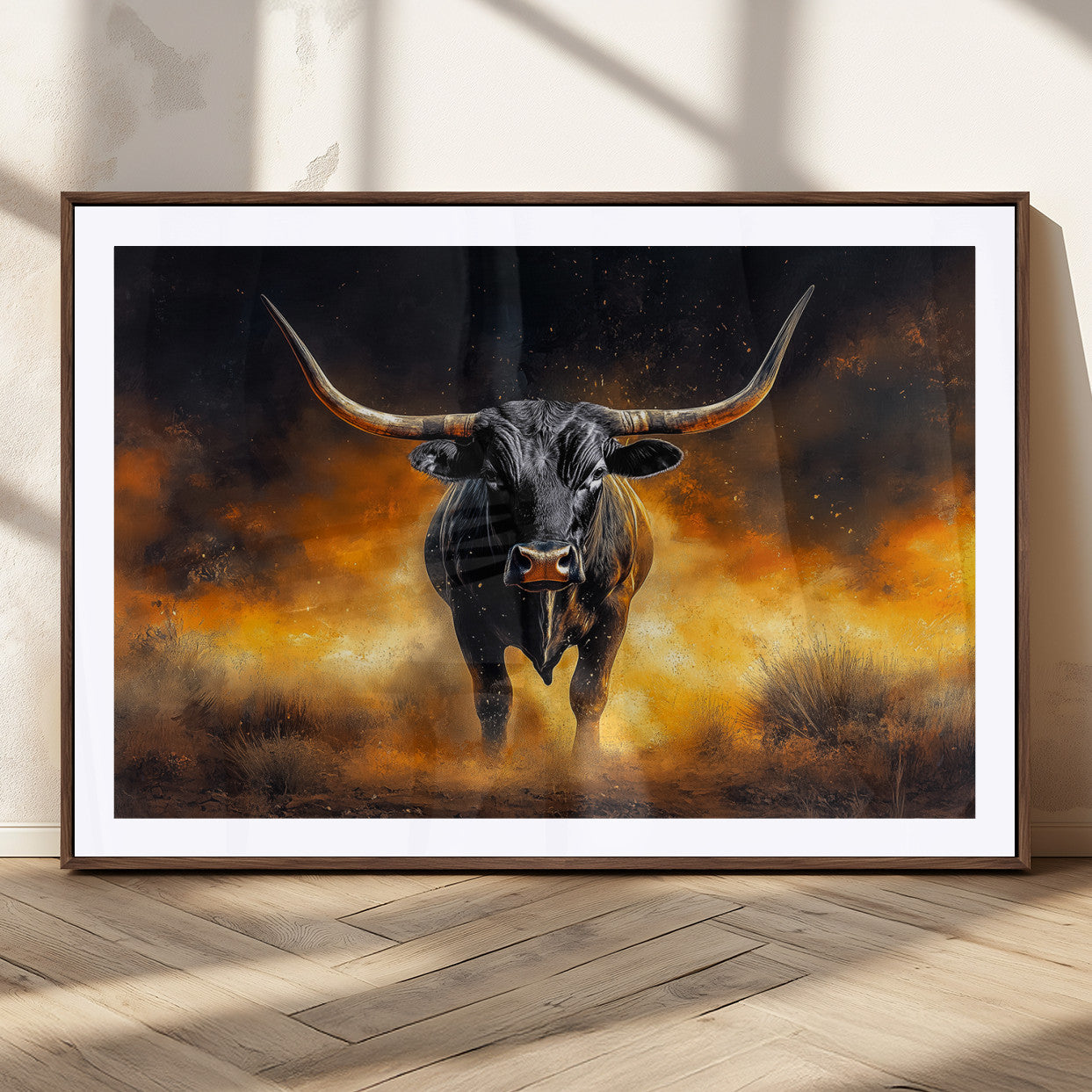 MGC-FP-36x24 - Longhorn Canvas Wall Art Canvas Print, Framed Bold Bull Wall Art Art Picture Print, Western Animal Decor Perfect Western Dramatic Decor Artwork