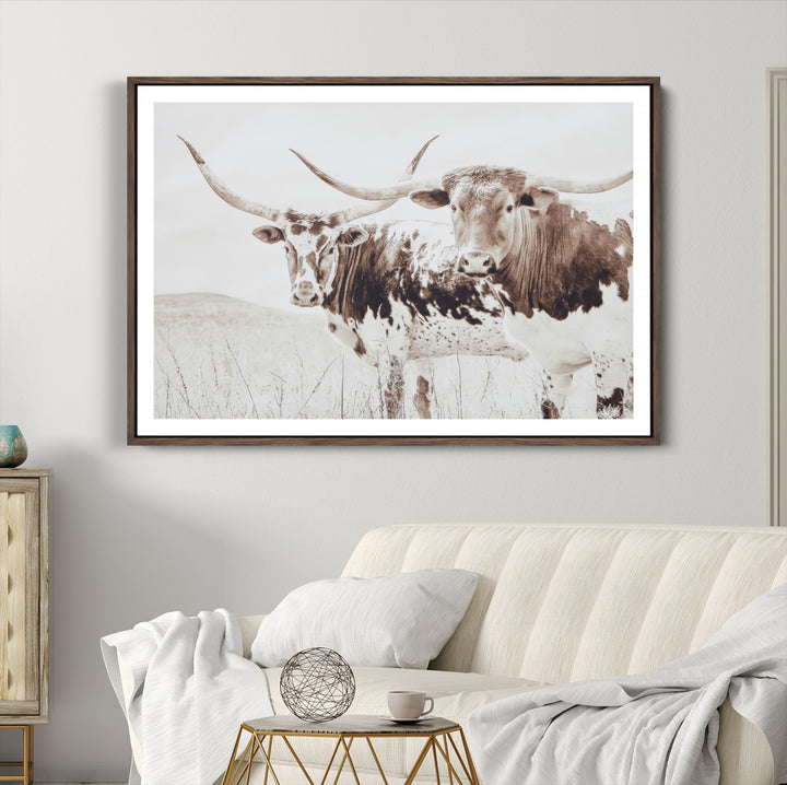 Longhorn Wall Art Wall Art Canvas Print, Western Cow Canvas Print, Framed Rustic Farm Decor Art Print, Large Neutral Animal Scene Printing