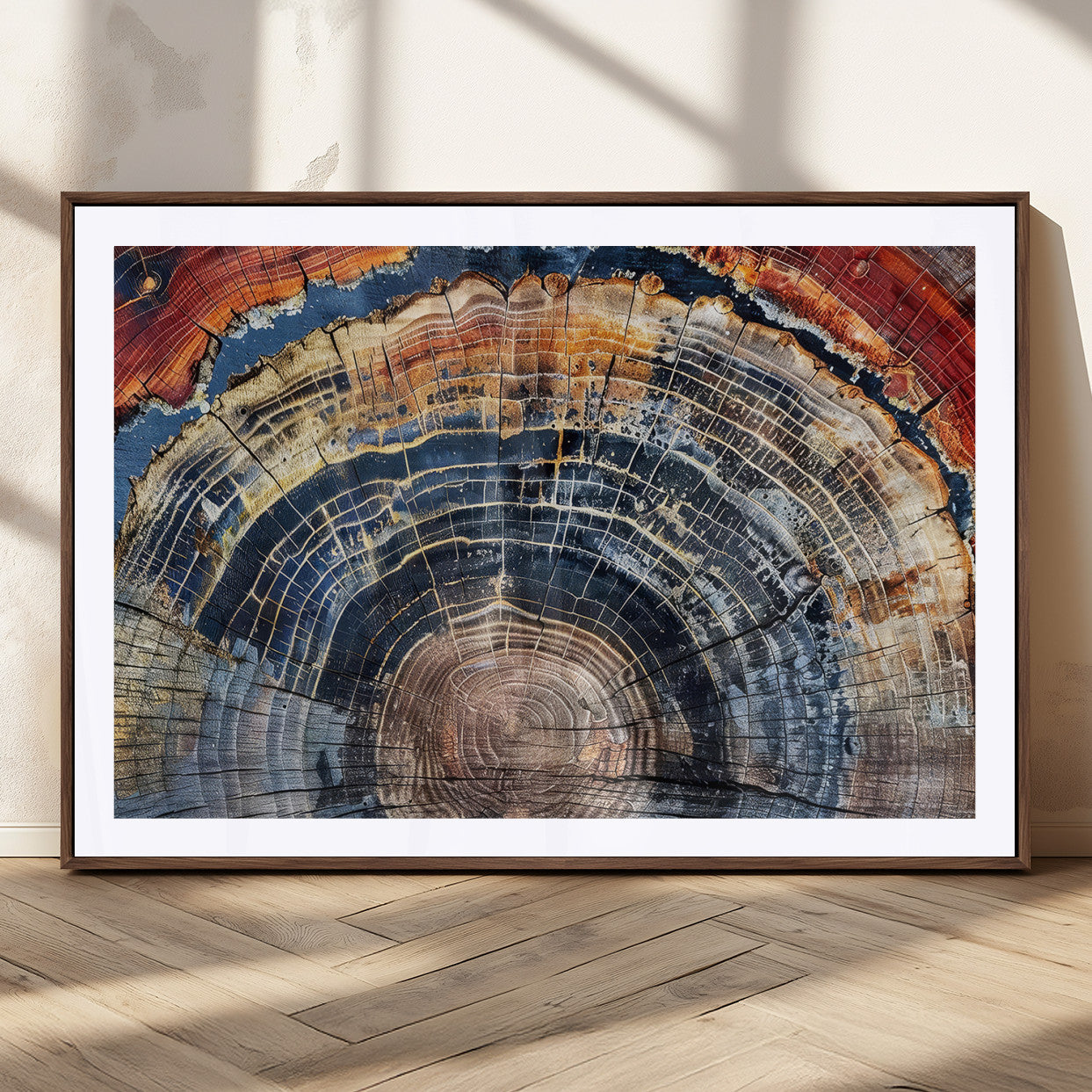Close-up of petrified wood with rich earthy tones and intricate tree rings, highlighting natural texture and organic patterns.
