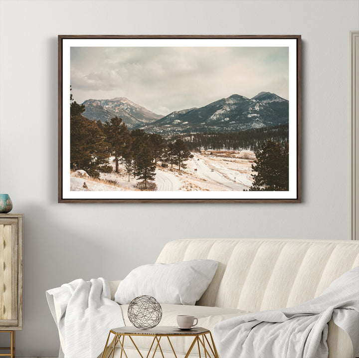 Mountain Landscape Wall Art Canvas Print, Framed Snowy Peaks Art Picture Print, Alpine Aesthetic Perfect Rustic Winter Decor Artwork