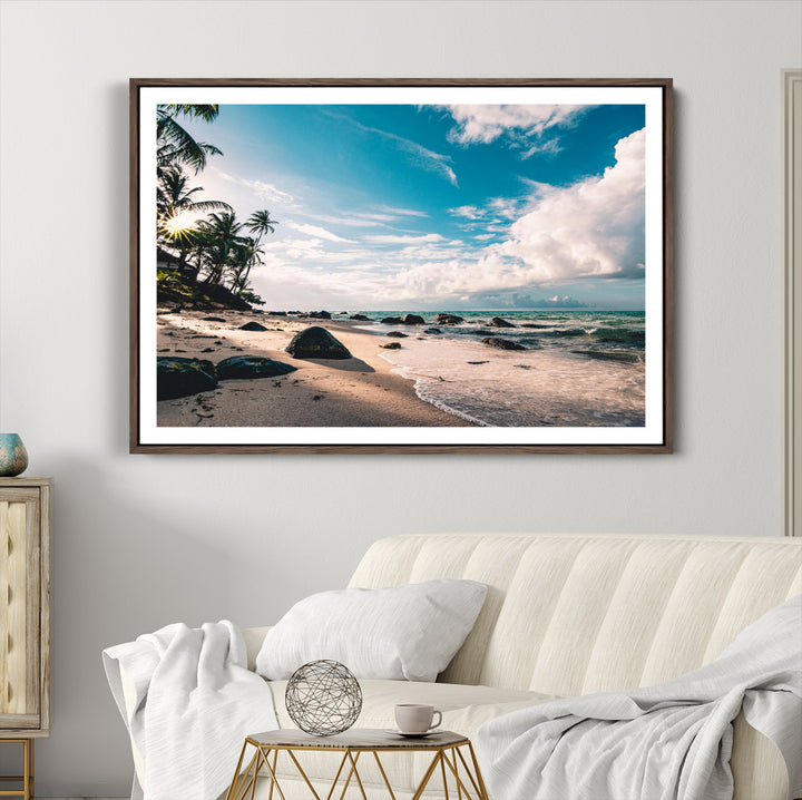 Tropical Beach Wall Art Canvas Print, Framed Ocean Waves Art Picture Print, Relaxing Seascape Perfect Tropical Coastal Decor Artwork