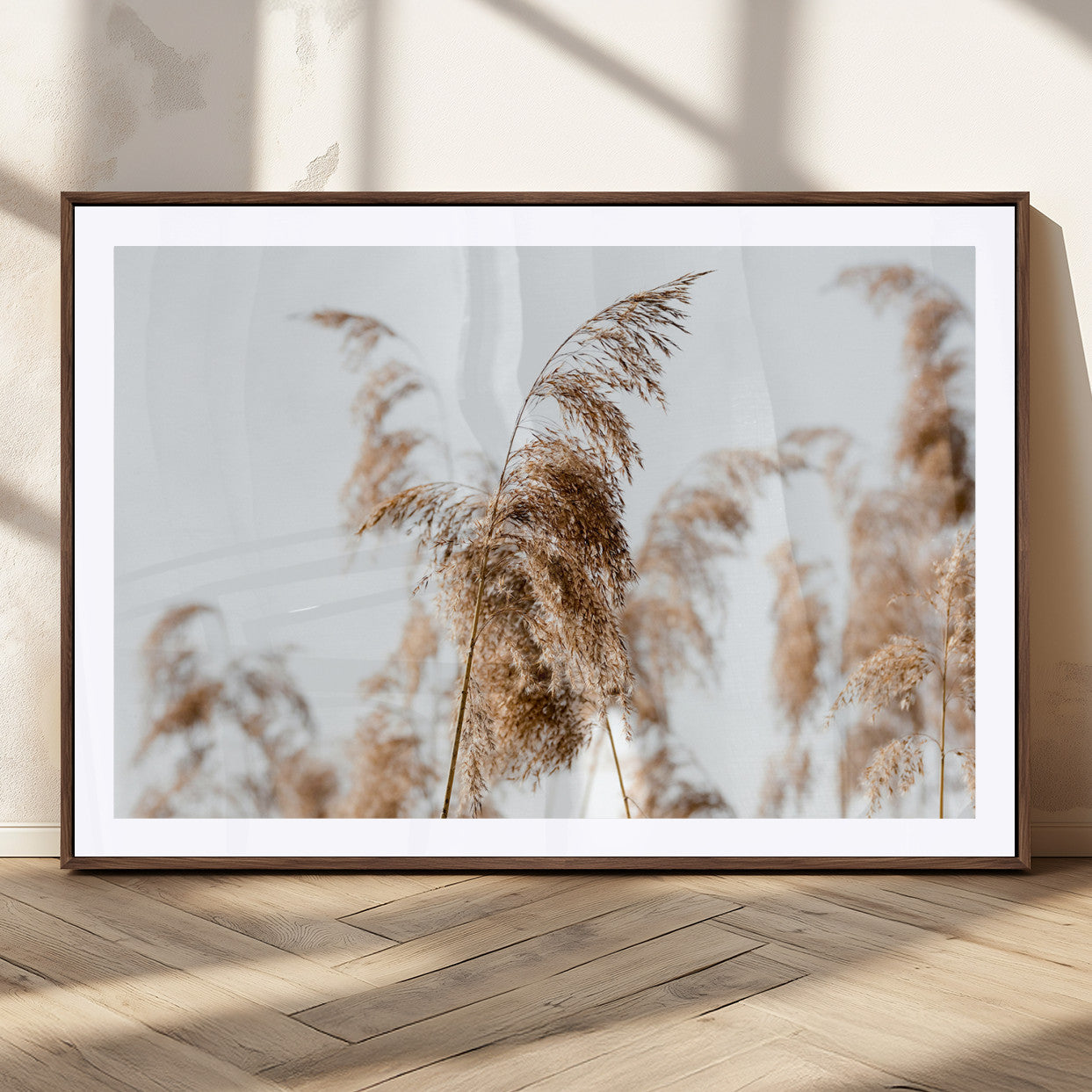 Close-up of pampas grass swaying in the wind against a soft white sky, creating a neutral and minimalist botanical aesthetic.