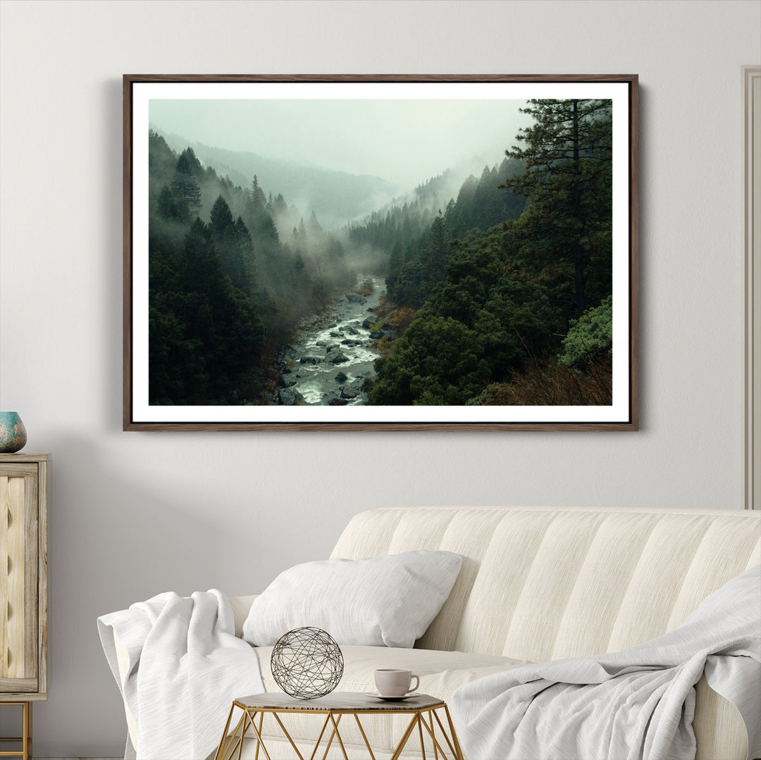 Misty Forest Wall Art Canvas Print, Framed Foggy River Art Picture Print, Moody Landscape Perfect Wilderness Decor Artwork
