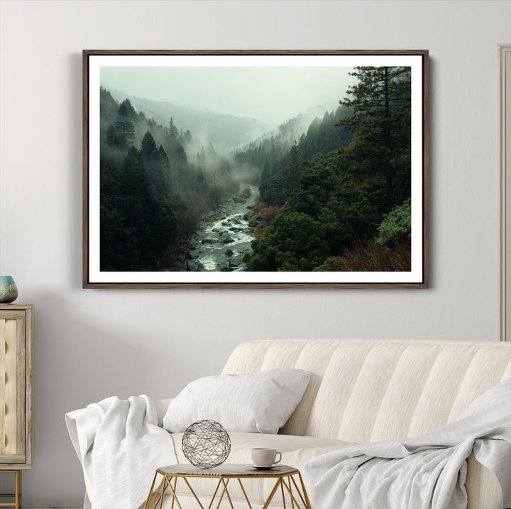 Misty Forest Wall Art Canvas Print, Framed Foggy River Art Picture Print, Moody Landscape Perfect Wilderness Decor Artwork