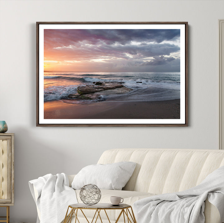 Golden Hour Wall Art Canvas Print, Framed Tranquil Waves Art Picture Print, Beach Perfect Coastal Serenity Decor Artwork