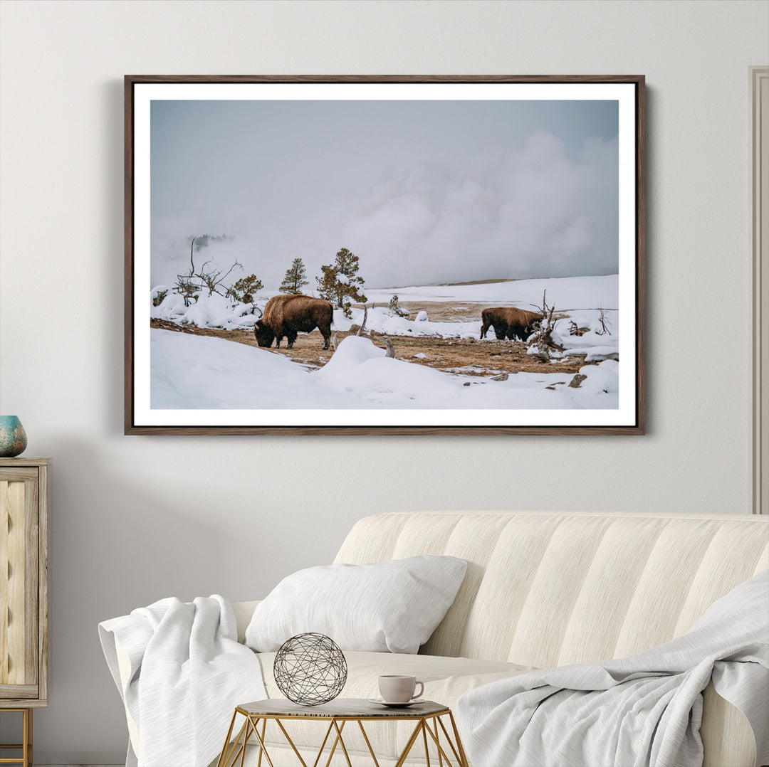 Bison Wildlife Wall Art Canvas Print, Framed Snowy Prairie Art Picture Print, Western Perfect Rustic Decor Artwork