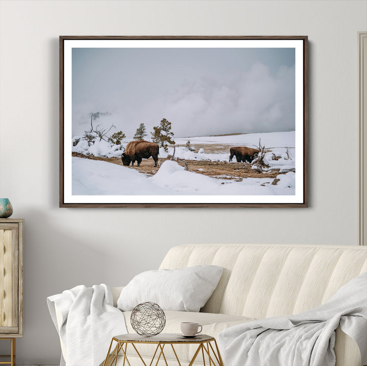 Bison Wildlife Wall Art Canvas Print, Framed Snowy Prairie Art Picture Print, Western Perfect Rustic Decor Artwork