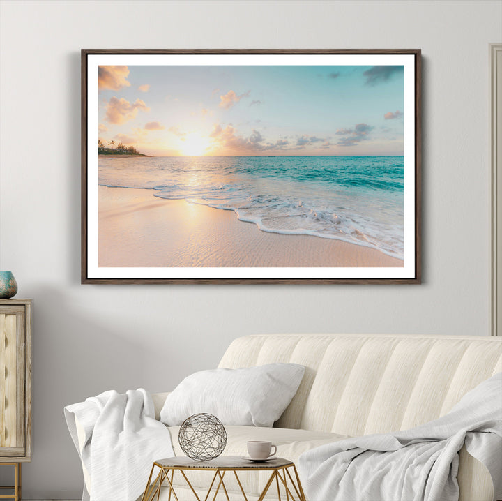 Beach Sunset Wall Art Canvas Print, Framed Ocean Waves Art Picture Print, Summer Escape Perfect Coastal Decor Artwork