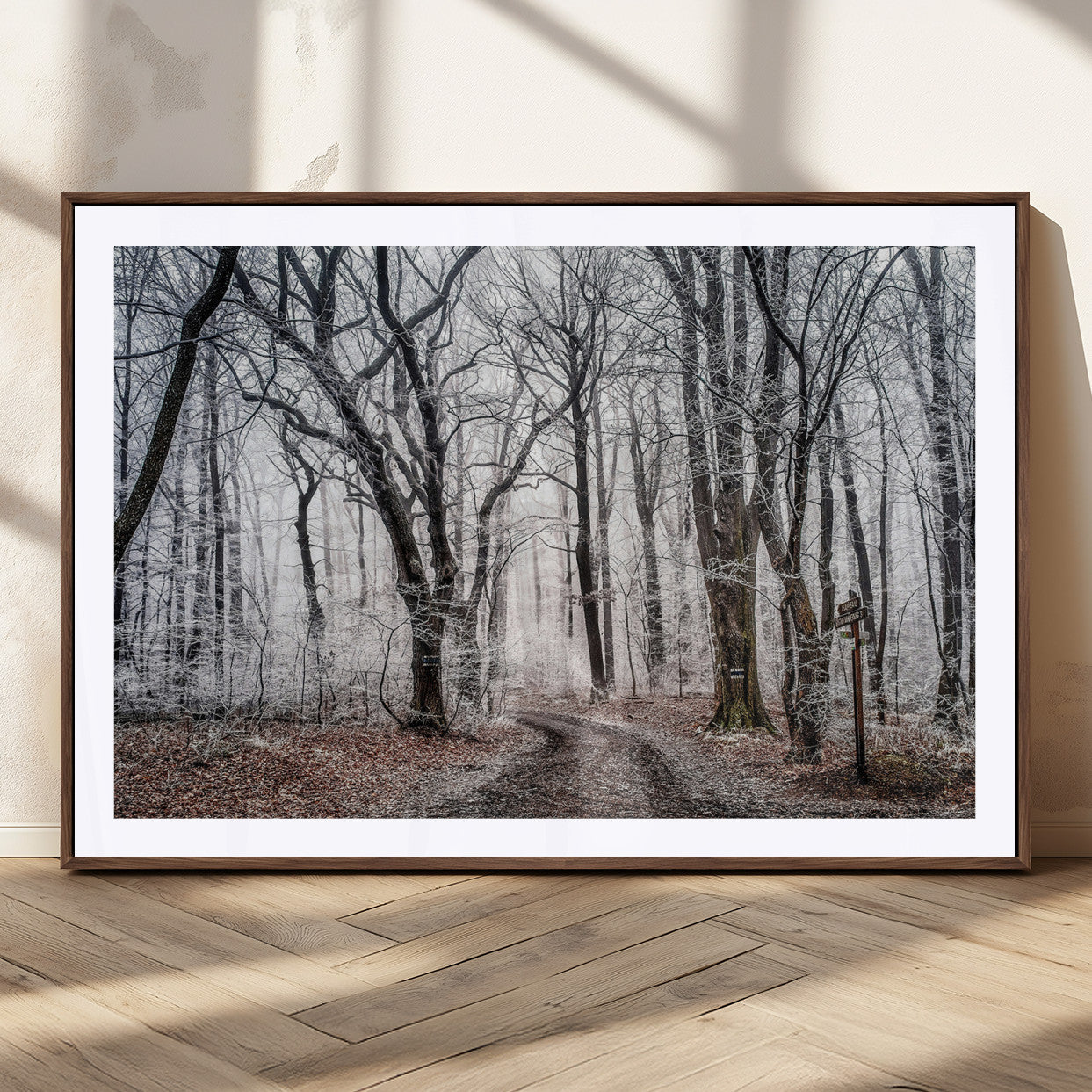 Snow-covered trees in a misty winter forest with a winding path, creating a serene and mysterious atmosphere, perfect for nature-inspired wall art.