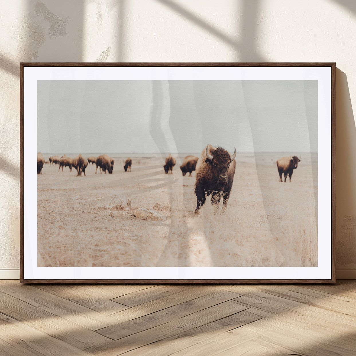 Herd of bison roaming a vast prairie with golden grass under a soft sky, creating a rustic and Western landscape, ideal for wall art.