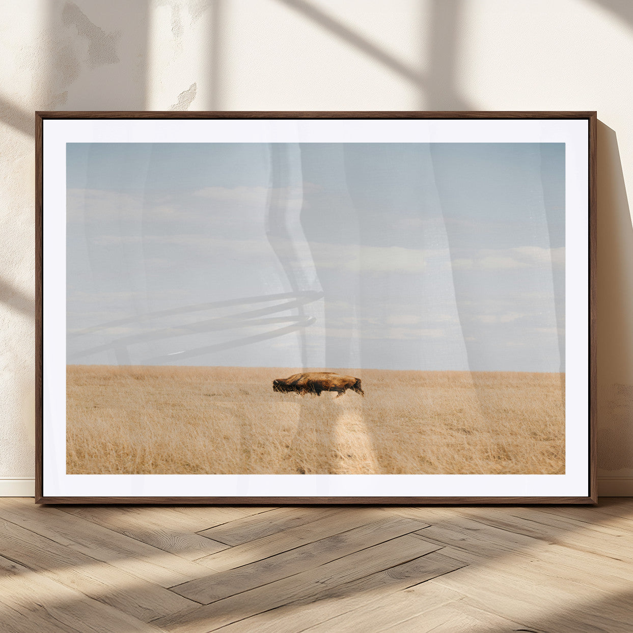 MGC-FP-36x24 - Minimalist Nature Wall Art Canvas Print, Framed Bison In Grassland Art Picture Print, Open Field Perfect Modern Ranch Decor Decor Artwork