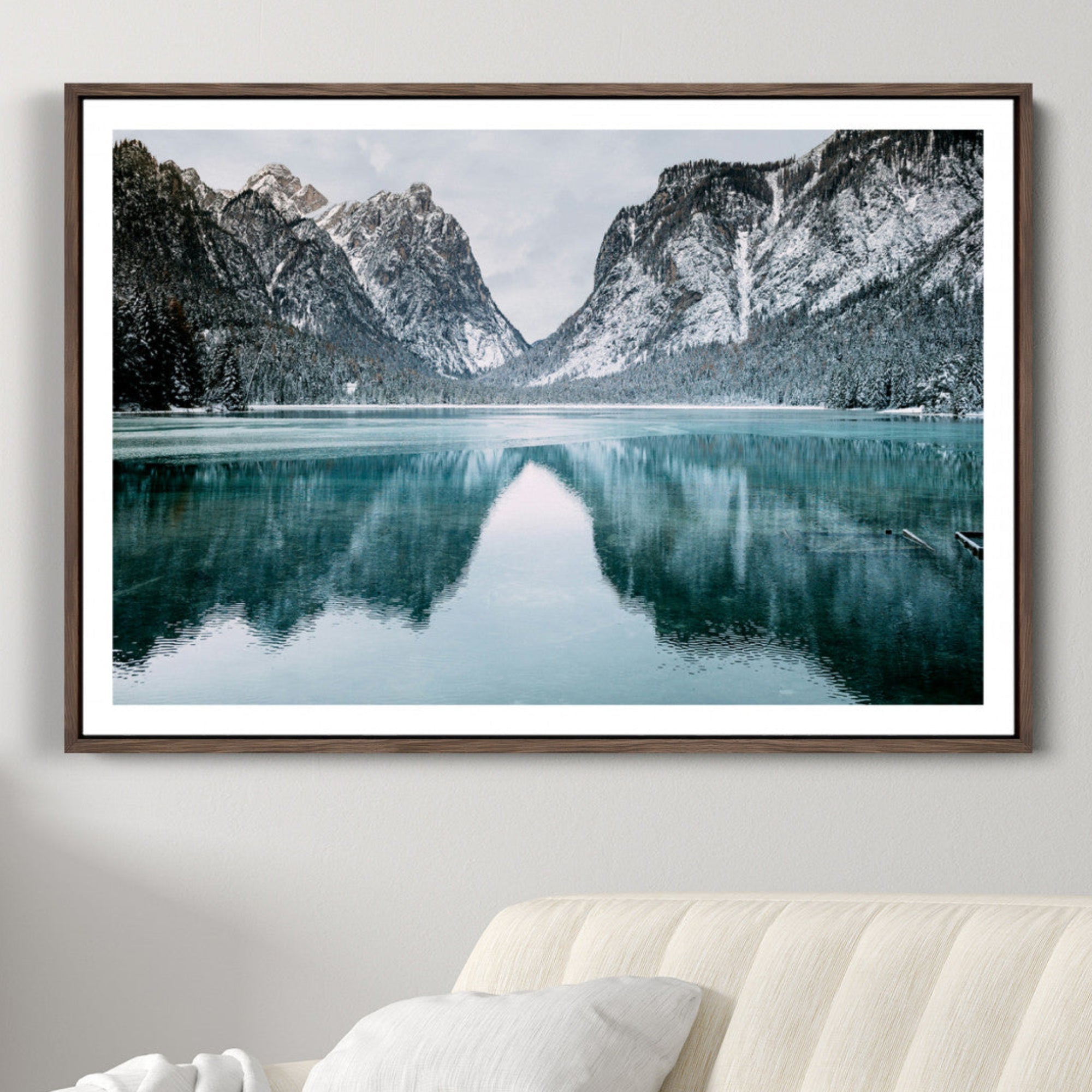73098373-MGC-FP-36x24-Mountain Lake Wall Art Canvas Print – Snowy Peaks Winter Wonderland Scene Serene Nature Landscape Artwork for Home Office