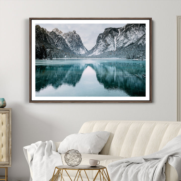 Mountain Lake Wall Art Canvas Print, Framed Winter Wonderland Art Picture Print, Snowy Peaks Perfect Modern Nature Decor Artwork