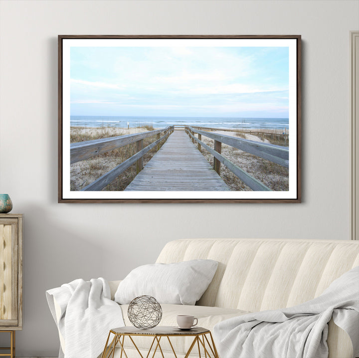 Beach Boardwalk Wall Art Canvas Print, Framed Coastal Serenity Art Picture Print, Ocean View Perfect Coastal Decor Artwork