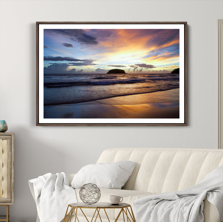 Beach Sunset Wall Art Canvas Print, Framed Ocean Waves Art Picture Print, Tropical Seascape Perfect Coastal Serenity Decor Artwork
