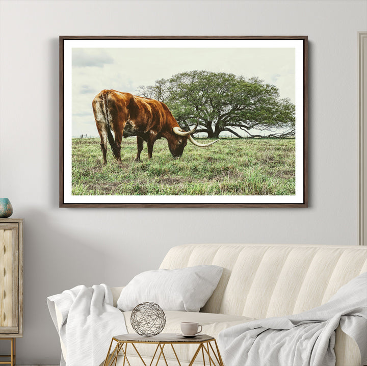 Texas Longhorn Wall Art Canvas Print, Framed Rustic Ranch Art Picture Print, Western Cattle Perfect Rustic Farmhouse Decor Artwork