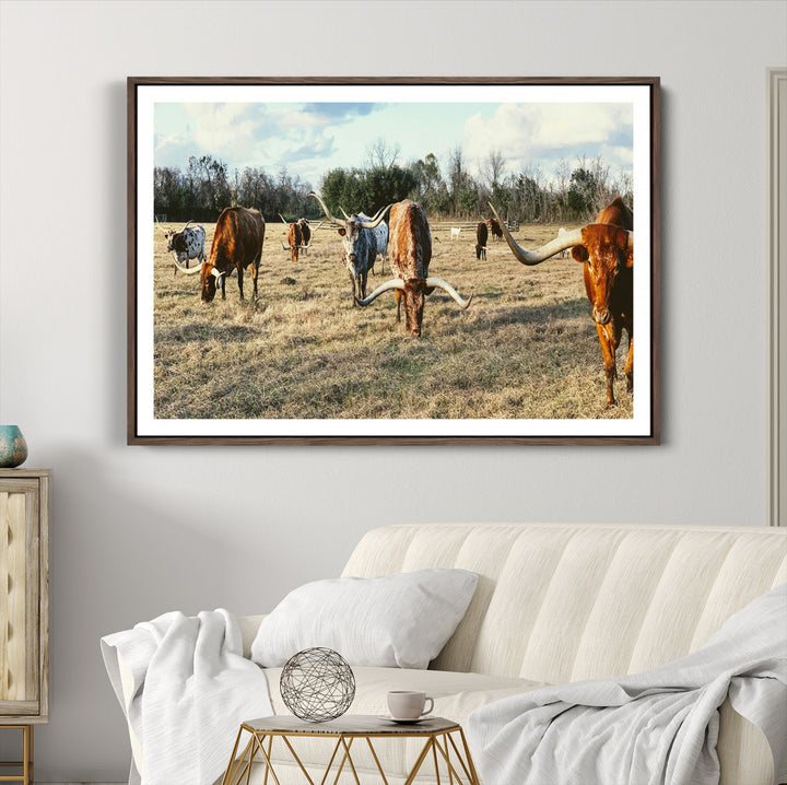 Texas Longhorns Wall Art Canvas Print, Framed Rustic Farm Scene Art Picture Print, Western Cattle Print Canvas Perfect Rustic Farmhouse