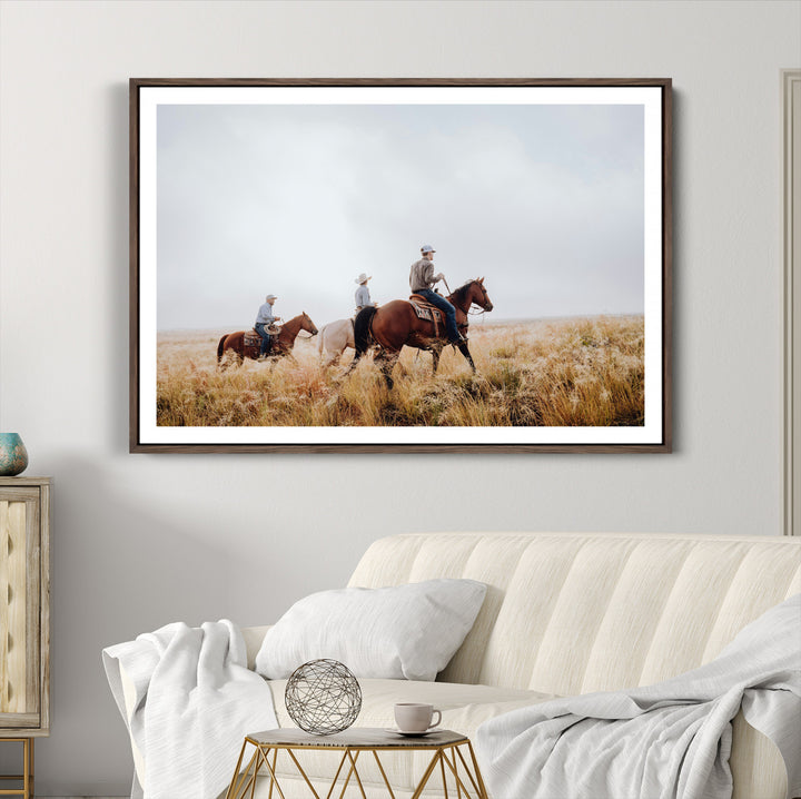 Western Cowboys Wall Art Canvas Print, Framed Rustic Prairie Art Picture Print, Horseback Riding Print Canvas, Perfect Rustic Western Decor