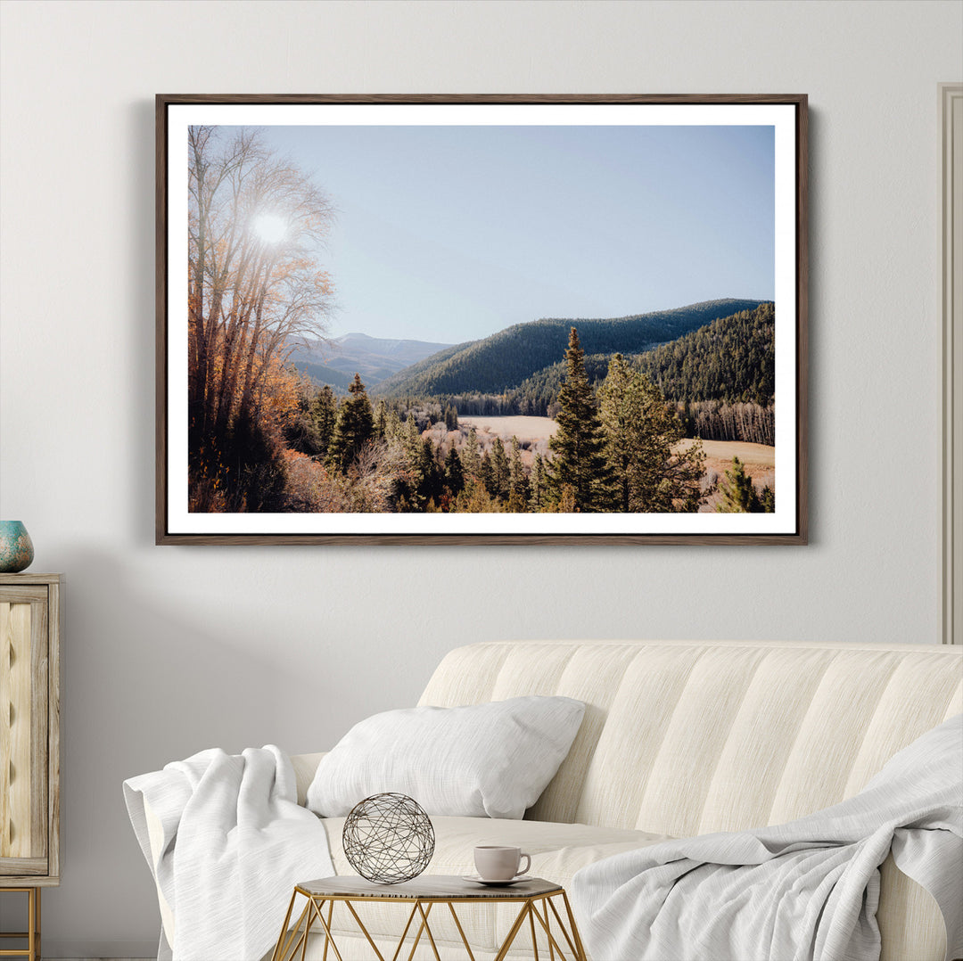 Rustic Landscape Wall Art Canvas Print, Framed Serene Valley Art Picture Print, Pine Tree Horizon Perfect Rustic Cabin Decor Artwork