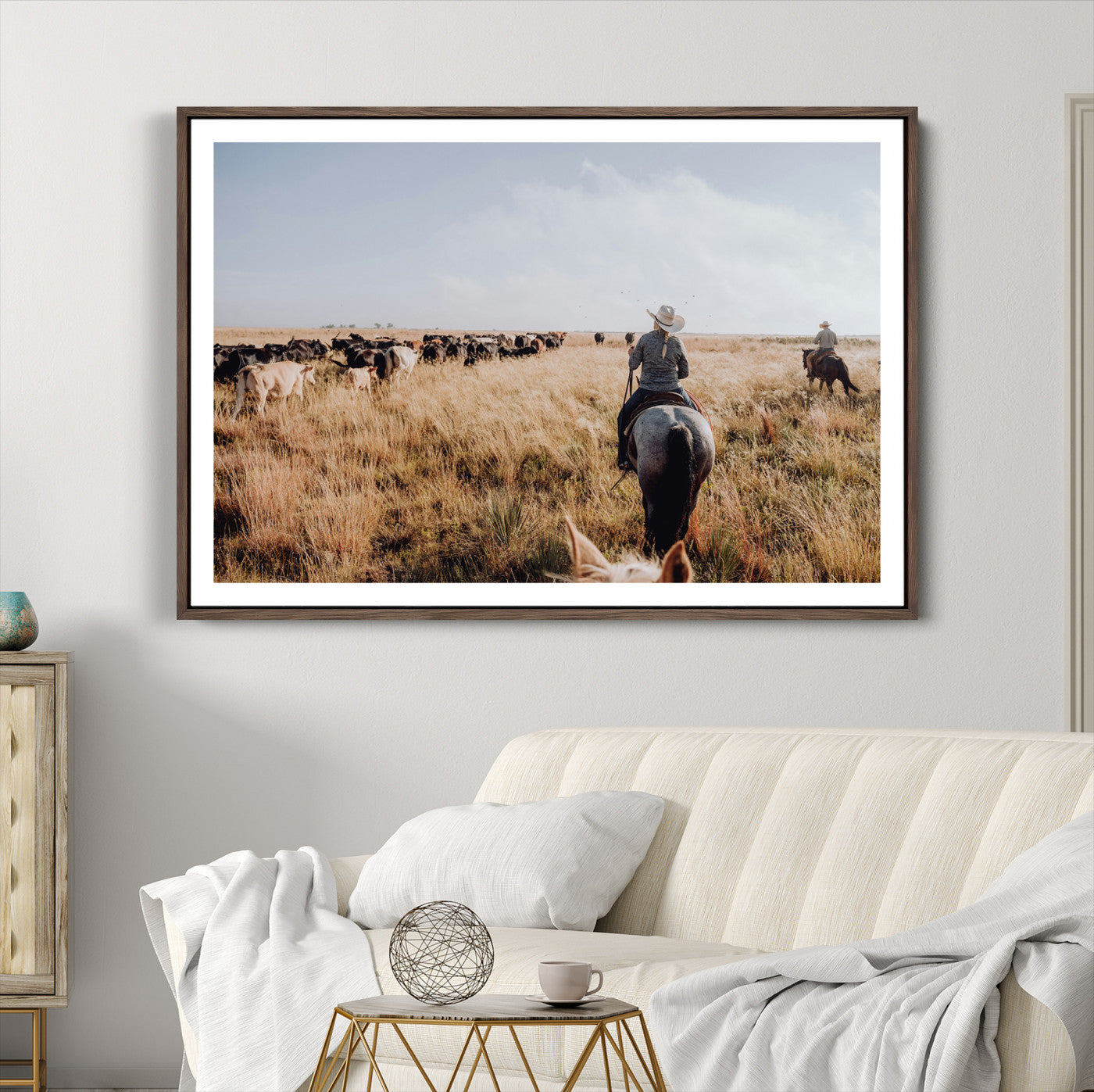 22431577-MGC-FP-36x24-Western Wall Art Canvas Print – Framed Cowboy Cattle Drive Scene Rustic Ranch Landscape Artwork for Home Office