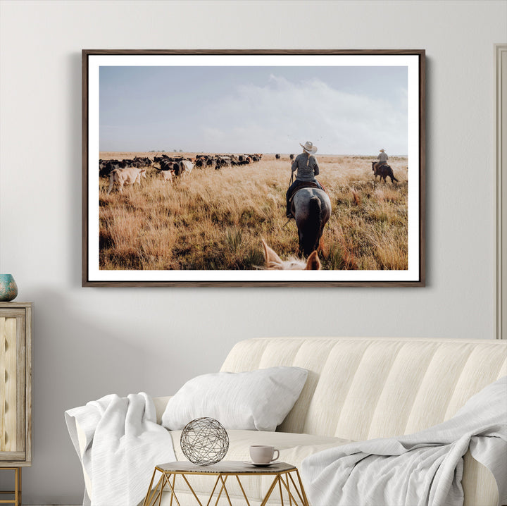 Western Wall Art Wall Art Canvas Print, Framed Cowboy Canvas Art Picture Print, Cattle Drive Scene Perfect Rustic Western Decor Artwork