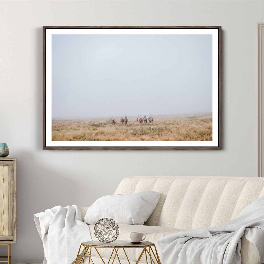 Foggy Plains Wall Art Canvas Print, Framed Horseback Riders Art Picture Print, Rustic Western Perfect Rustic Western Decor Artwork