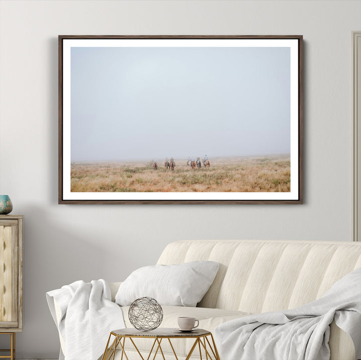 Foggy Plains Wall Art Canvas Print, Framed Horseback Riders Art Picture Print, Rustic Western Perfect Rustic Western Decor Artwork