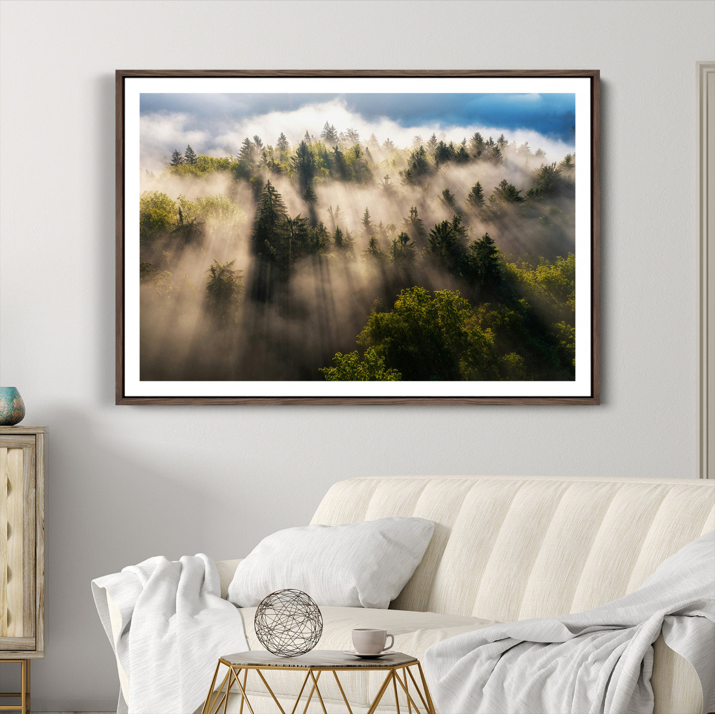 14785710-MGC-FP-36x24-Tranquil Forest Scene Wall Art Canvas Print – Framed Moody Sunbeam Through Trees Nature Artwork for Home Office