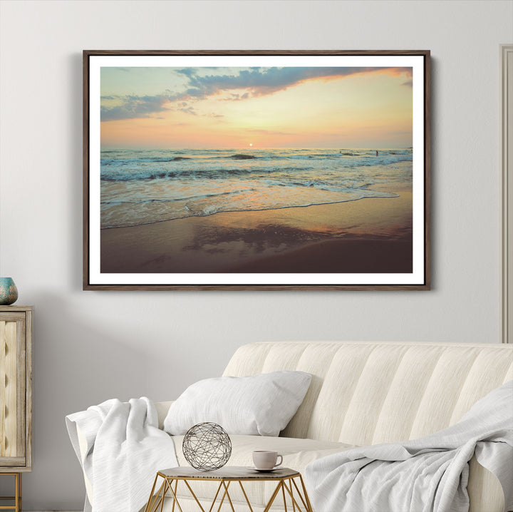 Sunset Seascape Wall Art Canvas Print, Framed Pastel Ocean View Art Picture Print, Tranquil Shoreline Perfect Boho Coastal Decor Artwork