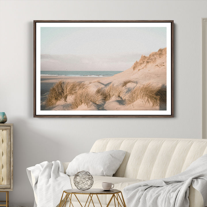 Minimalist Seascape Wall Art Canvas Print, Framed Neutral Beach Print Art Picture Print, Sand Dune Photography Perfect Scandinavian Coastal