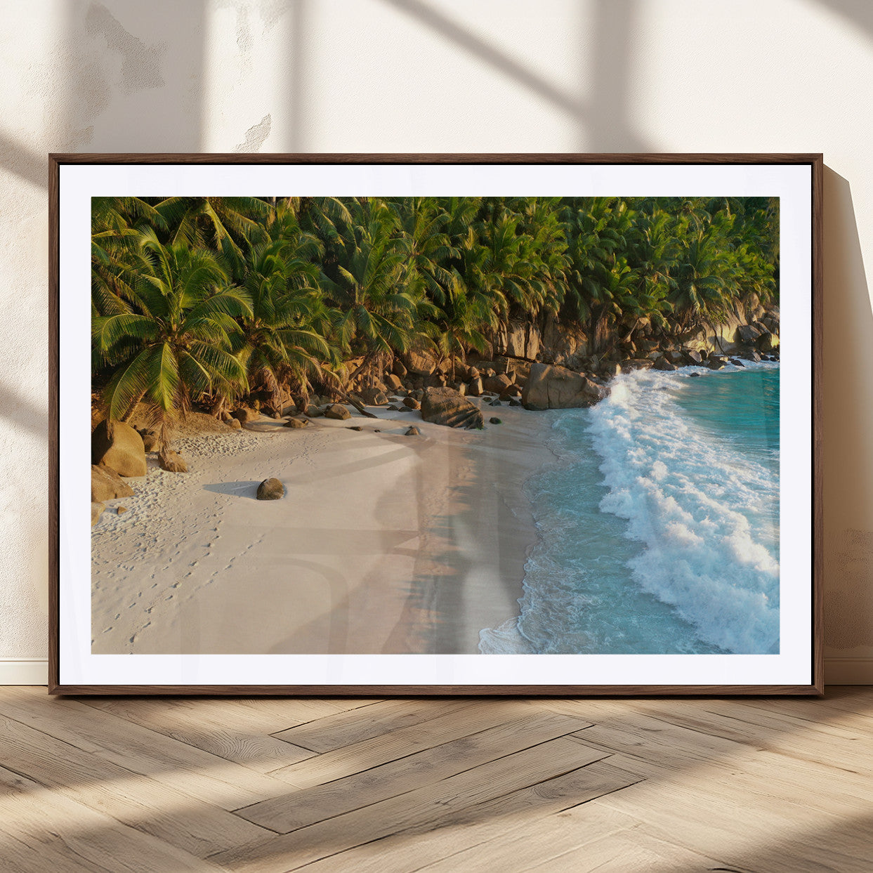 Tropical beach with golden sand, turquoise ocean waves, and lush palm trees, creating a serene coastal paradise for beach-themed decor.