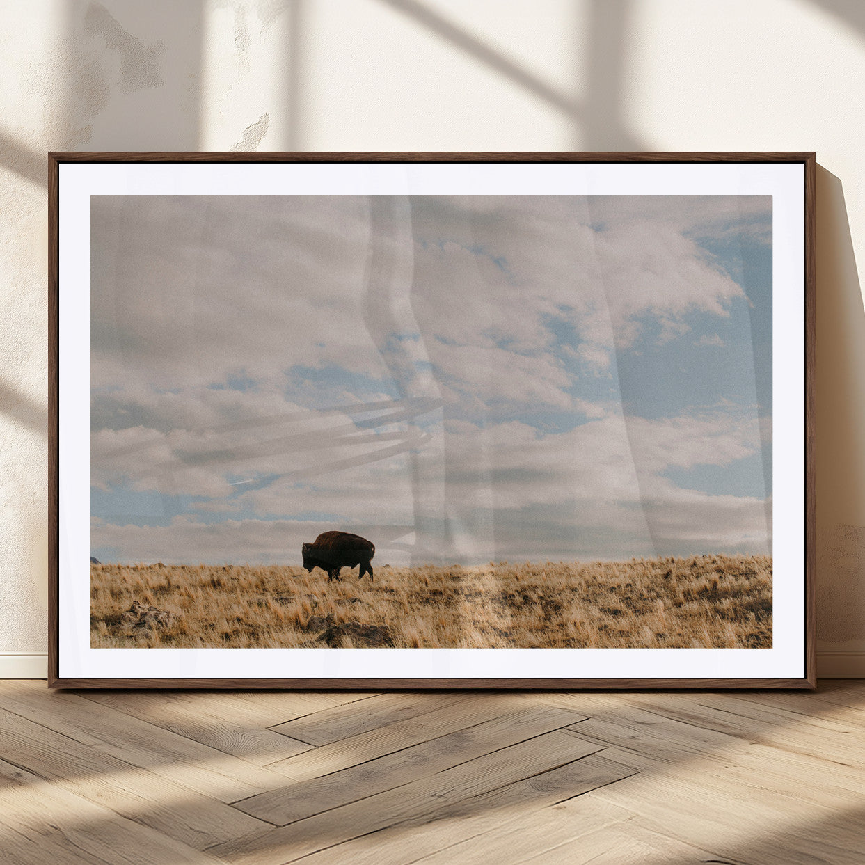 A solitary bison walking across a golden prairie under a vast, cloud-filled sky, evoking a peaceful, rustic western landscape for home decor.