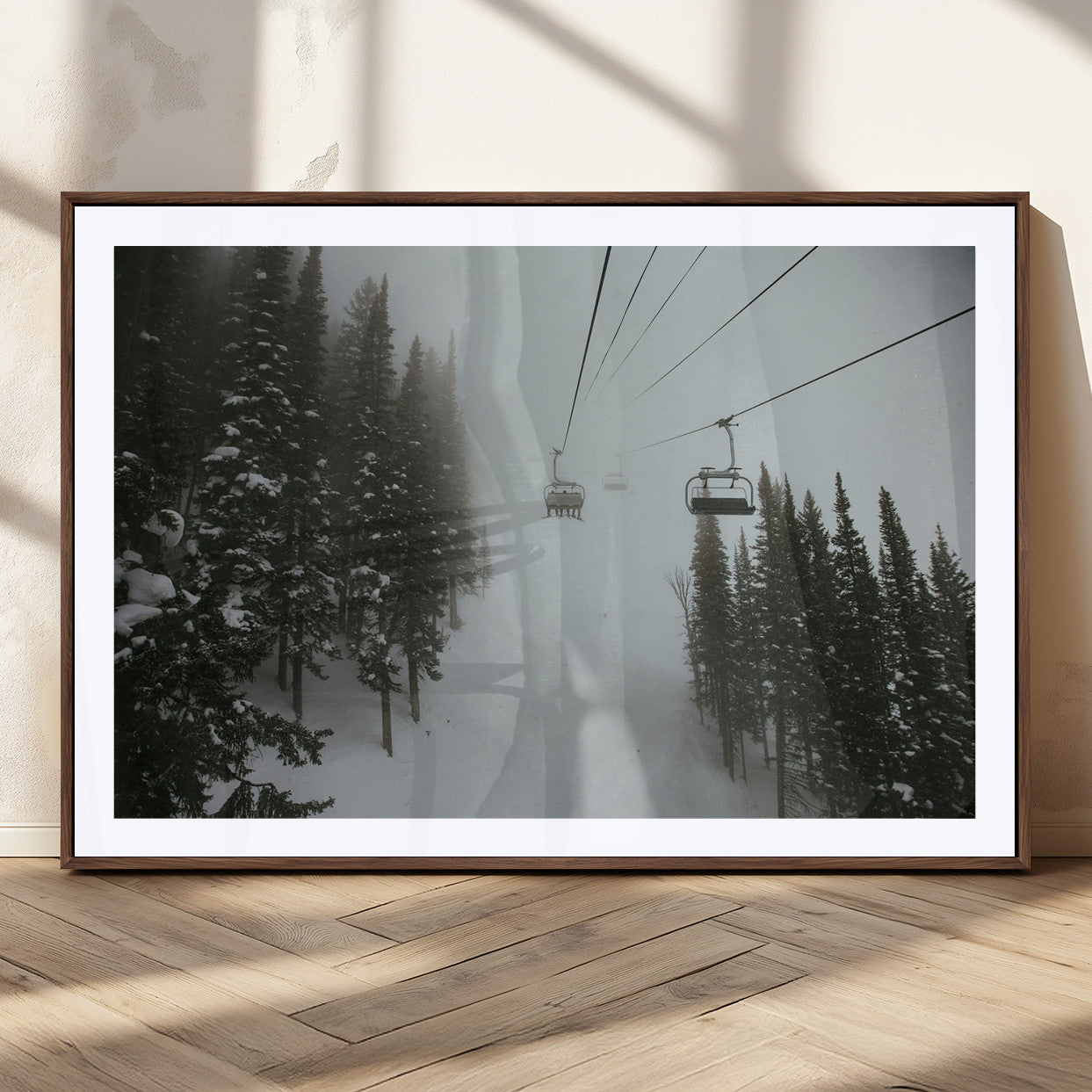 MGC-FP-36x24 - Ski Lift Wall Art Canvas Print, Framed Snowy Pines Art Picture Print, Misty Landscape Perfect Winter Serenity Decor Artwork