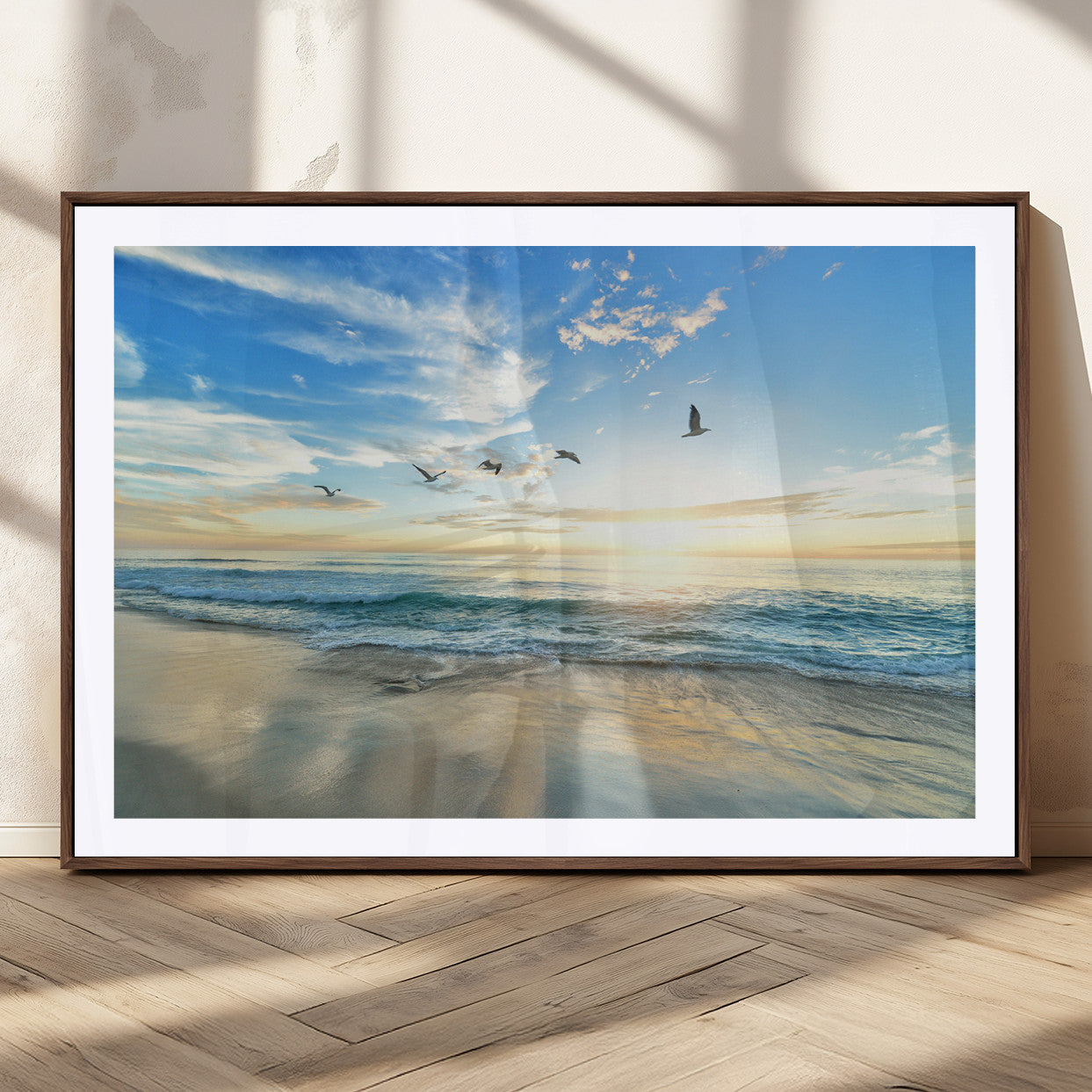 MGC-FP-36x24 - Minimalist Seaside Wall Art Canvas Print, Framed Morning Glow Art Picture Print, Golden Reflections Perfect Coastal Minimalist Decor Artwork