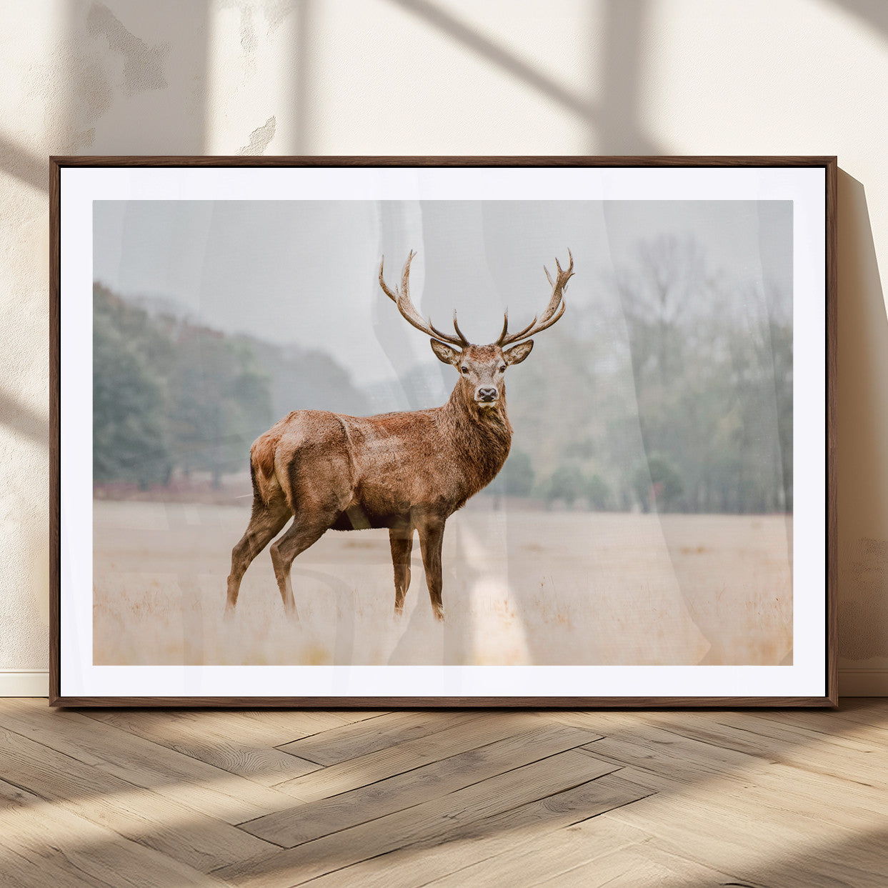 MGC-FP-36x24 - Vintage Wildlife Art Wall Art Canvas Print, Framed Misty Landscape Art Picture Print, Deer Wall Art Perfect Rustic Wildlife Decor Artwork
