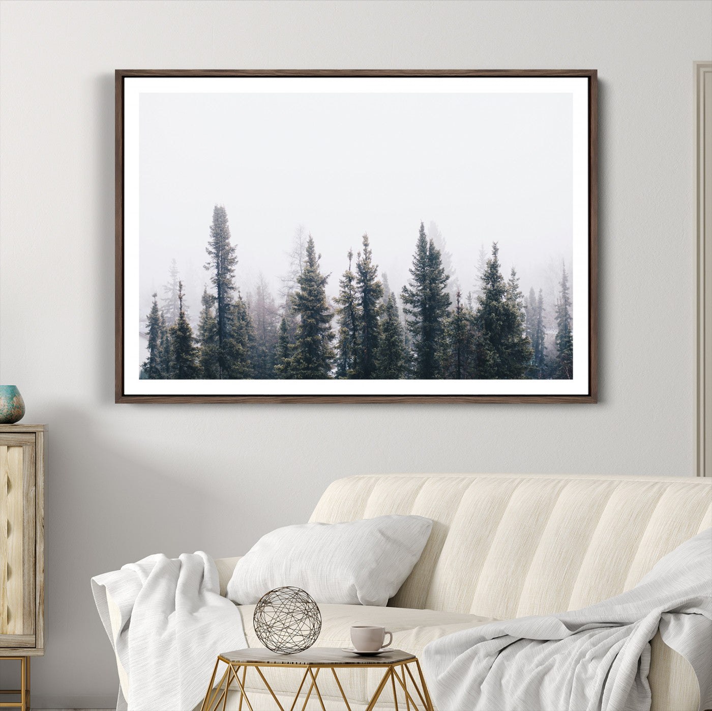 42364796-MGC-FP-36x24_Walnut-Foggy Forest Wall Art Canvas Print, Framed Misty Pines Art Picture Print, Moody Woodland Perfect Scandinavian Minimalist Decor Artwork