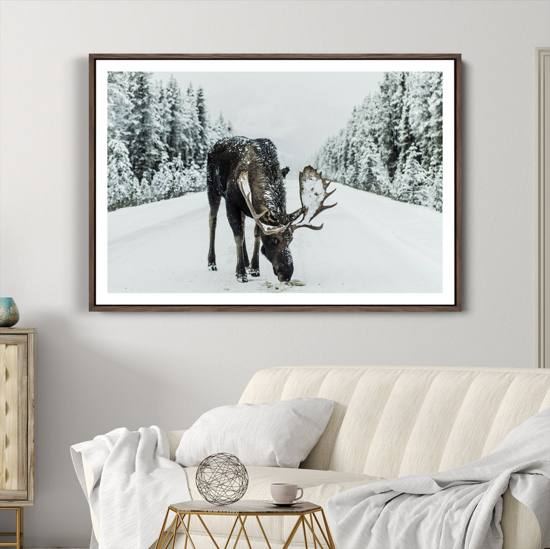 Moose in Snow Wall Art Canvas Print, Framed Winter Wildlife Art Picture Print, Snowy Forest Scene Perfect Rustic Lodge Decor Artwork