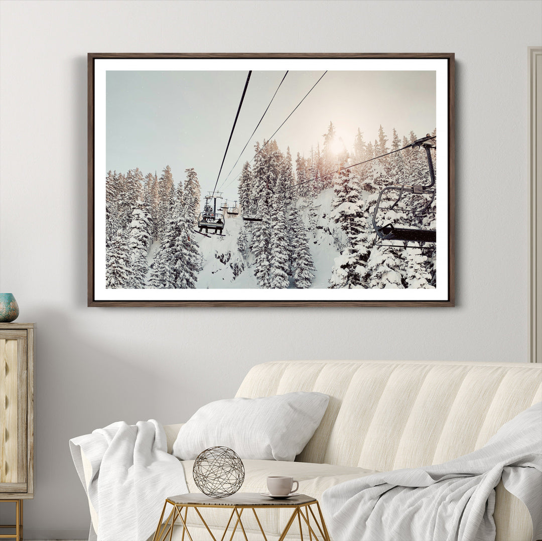 Frosty Pines Wall Art Canvas Print, Framed Cozy Cabin View Art Picture Print, Ski Lift Ride Perfect Rustic Lodge Decor Artwork