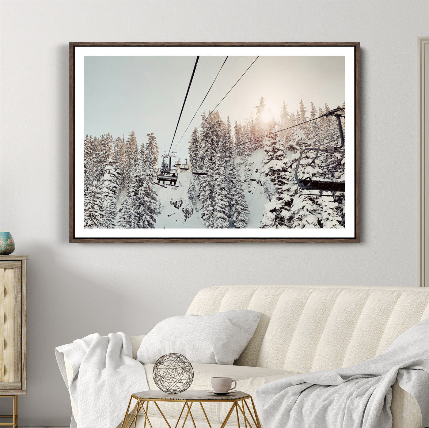 91534512-MGC-FP-36x24_Walnut-Frosty Pines Wall Art Canvas Print, Framed Cozy Cabin View Art Picture Print, Ski Lift Ride Perfect Rustic Lodge Decor Artwork