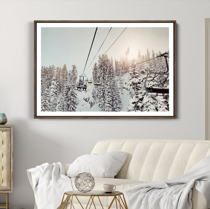 Frosty Pines Wall Art Canvas Print, Framed Cozy Cabin View Art Picture Print, Ski Lift Ride Perfect Rustic Lodge Decor Artwork