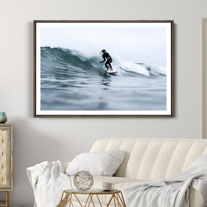 Surfer on Wave Wall Art Canvas Print, Ocean Adventure Print, Framed Motion Blur Water Art Print, Large Deep Blue Surf Printing