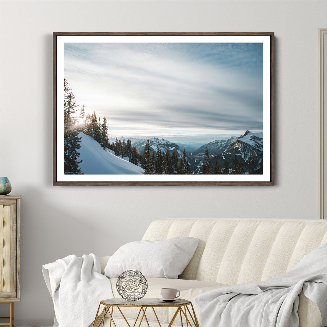 Snowy Mountains Wall Art Canvas Print, Framed Alpine Landscape Art Picture Print, Frosty Peaks Perfect Nordic Minimalist Decor Artwork